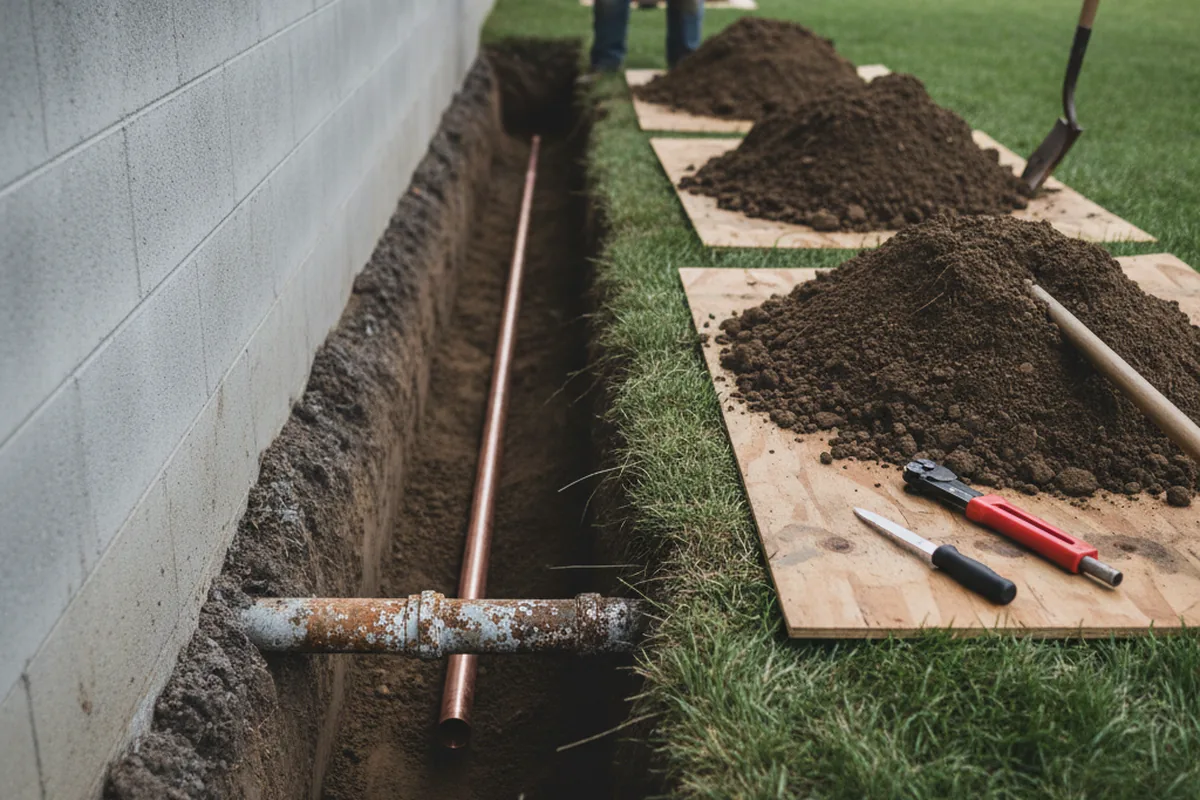 Excavated water line trench during Water Softener Installation in Yale